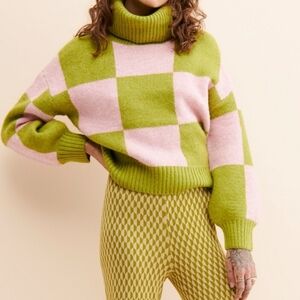Native Youth Women's Iola Checkerboard Sweater, Green & Light Pink, NWOT